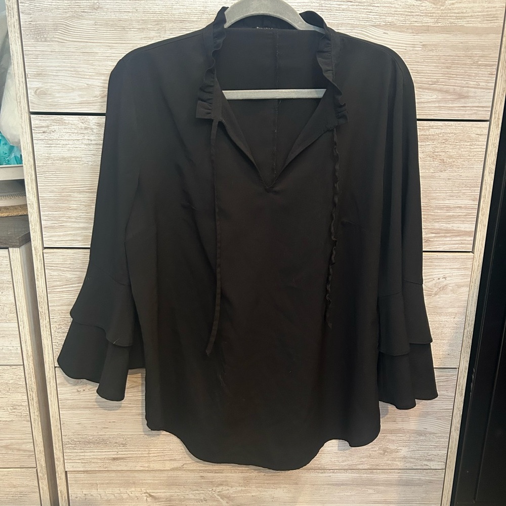Banana Republic black blouse with ruffle trim, long bell sleeves